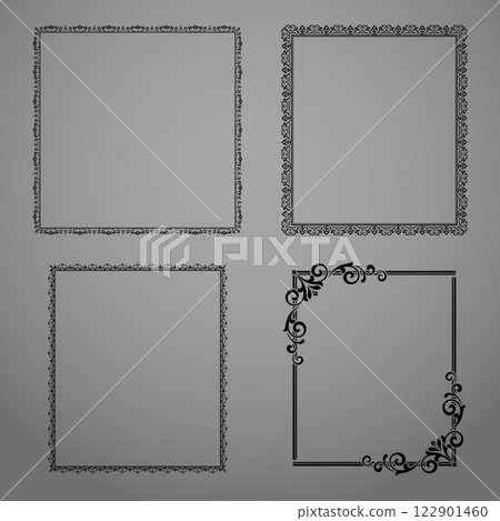 Set of decorative frames Elegant vector element for design in Eastern style, place for text. Floral black and gray borders. Lace illustration for invitations and greeting cards 122901460