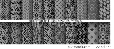 Geometric floral set of seamless patterns. Gray and black vector backgrounds. Damask graphic ornaments 122901462