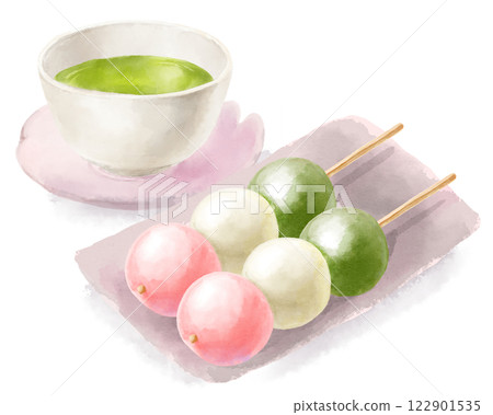 Spring-like watercolor illustration of three-colored dumplings and green tea Spring-like watercolor illustration of three-colored dumplings and green tea 122901535