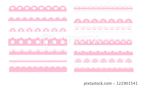 Scalloped pink border simple cute divider with heart and dots ornament edge cutout decoration isolated on white background.  122901541