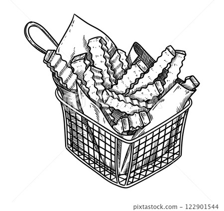 Fries in the basket food illustration in the graphic line art style. Hand drawn vector outline element of fast food meal. Perfect for menu creating and sketch drawing designs. 122901544