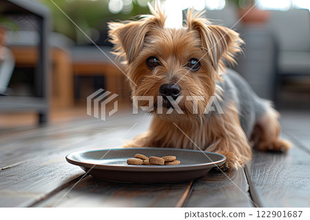 Small dog is eating dry food from a plate 122901687