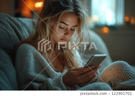 Young woman is sitting on couch and looking at her smartphone. She is wearing white sweater and has long blonde hair 122901702