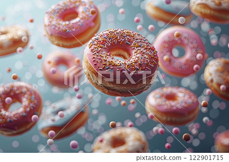 Series of donuts with sprinkles are flying through the air. Concept of fun and excitement, party or celebration 122901715