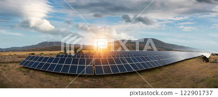 Panoramic view of a solar power station. Solar panels, photovoltaics, alternative source of electricity - concept of sustainable and renewable sources. 122901737
