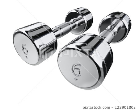 Two blank Round Dumbbells with number 6, chrome weightlifting gym equipment 122901802