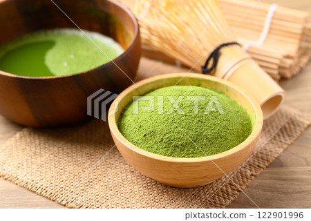Matcha green tea powder and tea with chasen (bamboo whisk) Matcha green tea powder and tea with chasen (bamboo whisk) 122901996