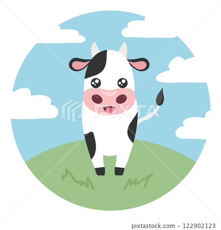 Cartoon baby cow on the green lawn. Cute cow. Vector illustration 122902123