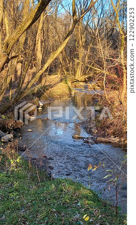 Spring landscape with forest river illuminated by the setting sun. Early springtime Spring landscape with forest river illuminated by the setting sun. Early springtime 122902253