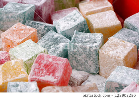 Colorful assortment of traditional confectionery arranged in vibrant display for festive enjoyment Colorful assortment of traditional confectionery arranged in vibrant display for festive enjoyment 122902280