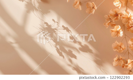 Background with dried flowers and shadows in beige colors. Mockup with copy space 122902293