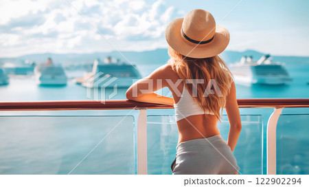 Young woman in shorts, top and hat admiring the sea standing on deck of cruise liner. Rear view. Copy space, for text 122902294