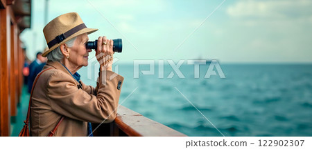 Senior woman in hat on ship looking through binoculars. Copy space, for text Senior woman in hat on ship looking through binoculars. Copy space, for text 122902307