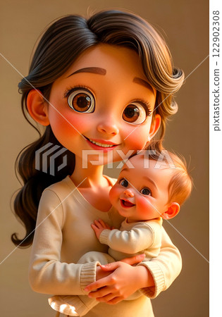 Cartoon mom with baby in her arms. 3d illustration. Mother's day. Caring for newborn child, pediatrics Cartoon mom with baby in her arms. 3d illustration. Mother's day. Caring for newborn child, pediatrics 122902308