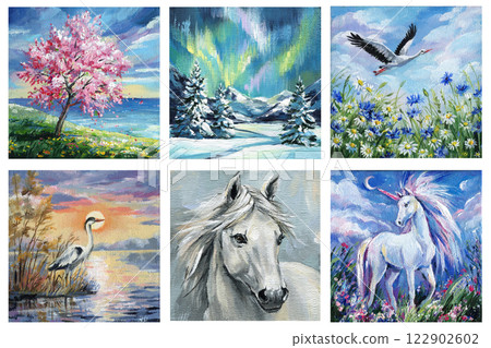 acrylic painting set with nature landscapes, animals and fantasy scenes, colorful artworks horses, birds, night sky 122902602