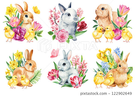 Watercolor easter bunnies, chicks, spring flowers. Adorable rabbits and tulips, butterflies festive holiday illustration Watercolor easter bunnies, chicks, spring flowers. Adorable rabbits and tulips, butterflies festive holiday illustration 122902649