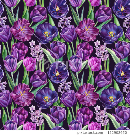 watercolor botanical pattern with tulips and hyacinths, purple flowers seamless design for fabric, wallpaper, art print watercolor botanical pattern with tulips and hyacinths, purple flowers seamless design for fabric, wallpaper, art print 122902650