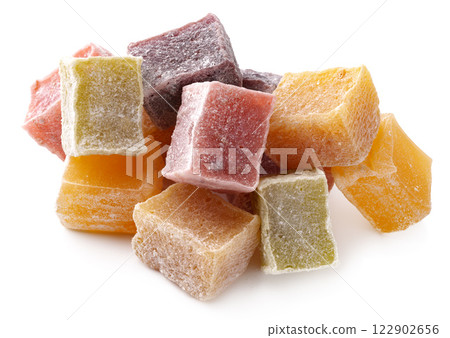 Colorful Turkish delight pieces arranged in a decorative manner on a white surface showcasing their texture and flavors 122902656