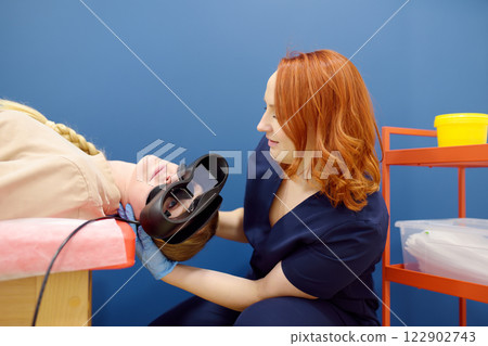 Neurologist performing positional testing of patient using videonystagmography . VNG testing uses goggles with infrared cameras to track eye movements, and can help to determine if the patient is Neurologist performing positional testing of patient using videonystagmography . VNG testing uses goggles with infrared cameras to track eye movements, and can help to determine if the patient is 122902743