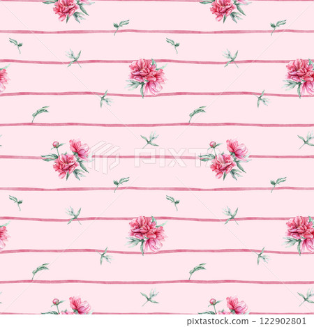 Seamless pattern with watercolor bouquet of pink peony flowers on pink striped background. Hand drawn illustration beautiful floral flower. Repeat wallpaper with summer botanical plant on isolated. Seamless pattern with watercolor bouquet of pink peony flowers on pink striped background. Hand drawn illustration beautiful floral flower. Repeat wallpaper with summer botanical plant on isolated. 122902801