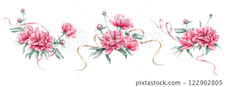 Watercolor set of bouquet of delicate pink peony flowers with ribbon. Hand drawn illustration beautiful floral flower. Summer botanical plant on isolated. Elements for design invitations anniversary. Watercolor set of bouquet of delicate pink peony flowers with ribbon. Hand drawn illustration beautiful floral flower. Summer botanical plant on isolated. Elements for design invitations anniversary. 122902805
