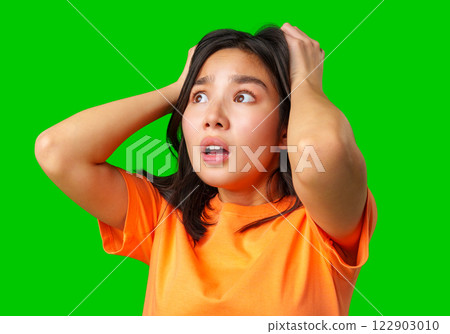 Young woman shows surprise and shock while holding her head with hands in front of bright green background Young woman shows surprise and shock while holding her head with hands in front of bright green background 122903010