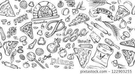 Pizza Background in Doodle Style. horizontal Hand drawn sketch . set vector illustration 122903255