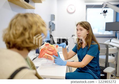 The otolaryngologist explains to the patient about his illness at the appointment. A professional ENT doctor demonstrates a model of the human nose. Treatment of inflammation disease of nose. The otolaryngologist explains to the patient about his illness at the appointment. A professional ENT doctor demonstrates a model of the human nose. Treatment of inflammation disease of nose. 122903272