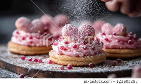 Heart-shaped cookies decorated with pink frosting and berries on a wooden platter in a cozy kitchen ambiance Heart-shaped cookies decorated with pink frosting and berries on a wooden platter in a cozy kitchen ambiance 122903285