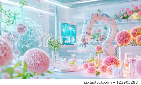 Robotic arm analyzes vibrant microorganisms in a futuristic laboratory setting during daylight 122903288