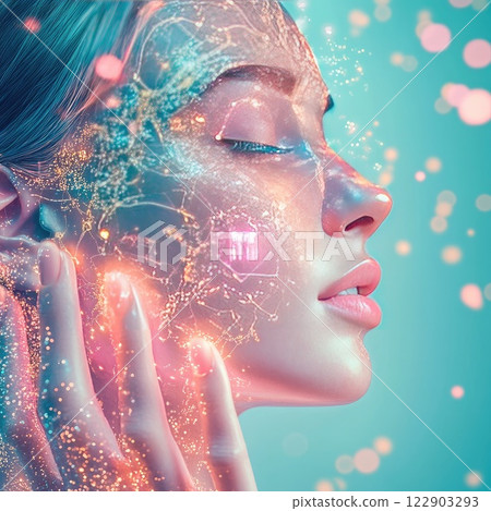 Beauty and technology blend together in a futuristic portrait of a woman with glowing skin Beauty and technology blend together in a futuristic portrait of a woman with glowing skin 122903293