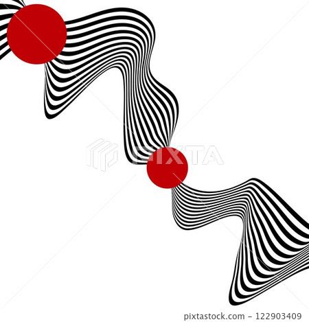 Abstract background of black and white wavy stripes with red circles on a white background. Illusion. Eps 10 122903409