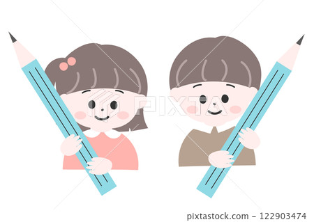 拿著鉛筆的女孩和男孩，幼兒，可愛的插圖 122903474