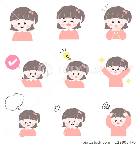 Illustration set of various poses and emotions of little Japanese girls 122903476