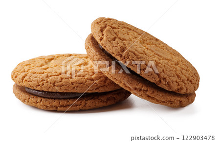 Crispy cookies filled with rich chocolate cream on a bright background 122903478