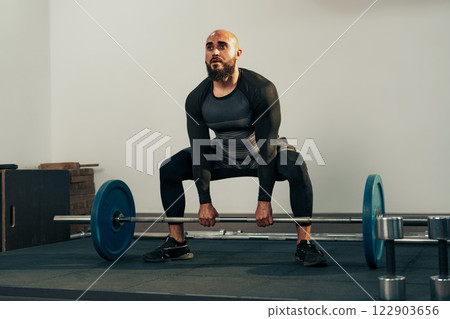 Strong man lifts weights in gym during workout session focused on strength training Strong man lifts weights in gym during workout session focused on strength training 122903656