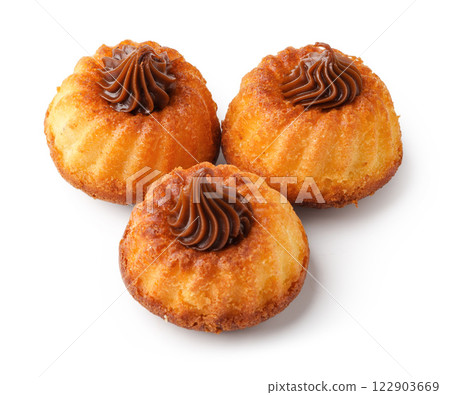 Sweet coconut dessert treats topped with chocolate frosting arranged beautifully on a white background 122903669