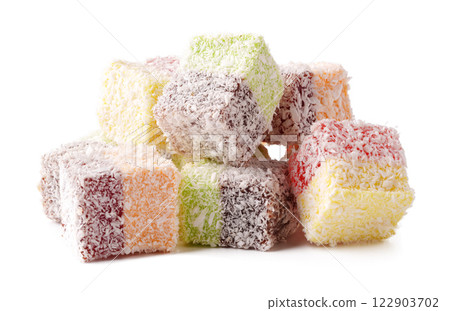 Colorful coconut coated sweets arranged in a delicious display ready to be enjoyed with tea or coffee 122903702