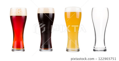 Beer glasses set dark, lager and red isolated on white background 122903751