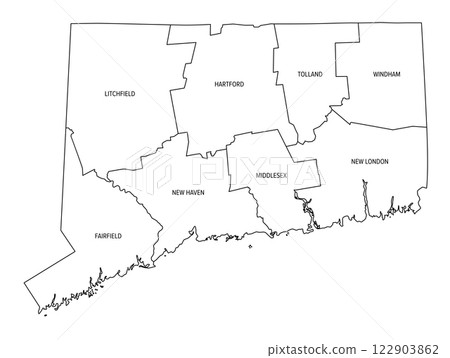 State of Connecticut divided into counties, outline map. State in the New England region of the Northeastern United States, subdivided into 8 counties. Map with boundaries and county names. Vector 122903862