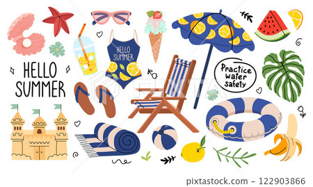 Cute Summer Stickers Set. Tropical vacation. Hello summer and water safety lettering. Beach holiday. Cute Summer Stickers Set. Tropical vacation. Hello summer and water safety lettering. Beach holiday. 122903866