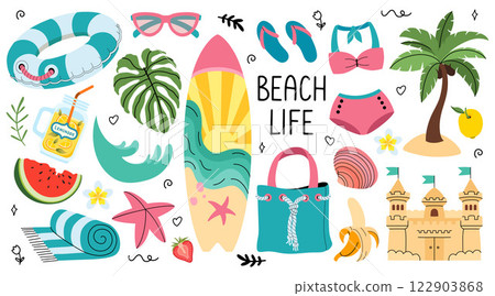 Summer Stickers Set. Beach accessories vector icons for web. Beach life lettering. Tropical vacation 122903868