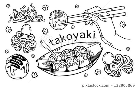 Takoyaki doodle set. Japan street food hand drawn icon. Unagi, octopus, hand with chopsticks hashi. Takoyaki doodle set. Japan street food hand drawn icon. Unagi, octopus, hand with chopsticks hashi. 122903869