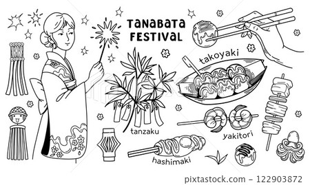 Japanese star festival Tanabata doodle set. Festive Japanese food. Woman in kimono, bamboo, tanzaku Japanese star festival Tanabata doodle set. Festive Japanese food. Woman in kimono, bamboo, tanzaku 122903872
