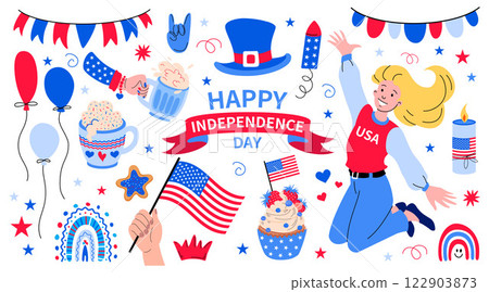 USA Independence Day icon set. Blonde girl is happy jumping. Decorative elements with symbols of USA USA Independence Day icon set. Blonde girl is happy jumping. Decorative elements with symbols of USA 122903873