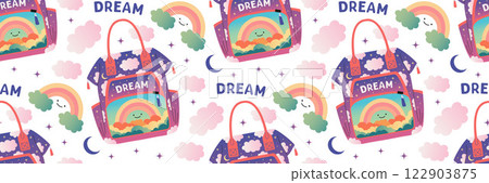 Colorful children backpack seamless pattern. Girls dream background. Back to school concept. Colorful children backpack seamless pattern. Girls dream background. Back to school concept. 122903875