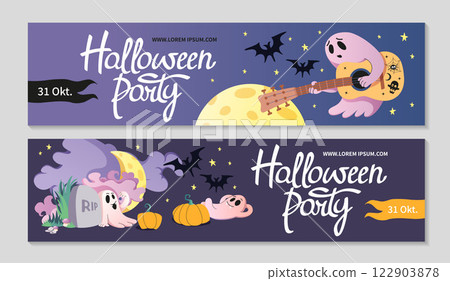 Happy Halloween banners set, party invitation background. Cute Ghost with guitar, in cemetery. 122903878