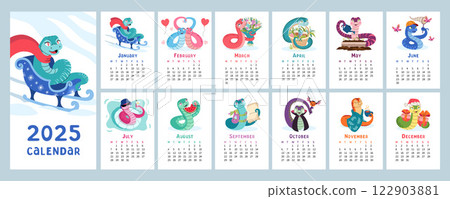 2025 calendar with cute snake illustrations for each month. 12 vertical pages with New Year symbol. 122903881