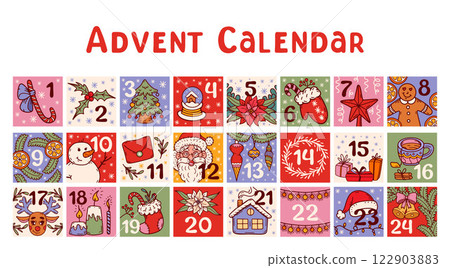 Cute hand drawn Christmas advent calendar with Santa, fir trees, presents, snowflakes, snowman, deer Cute hand drawn Christmas advent calendar with Santa, fir trees, presents, snowflakes, snowman, deer 122903883