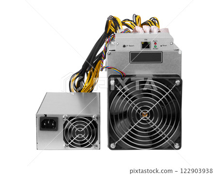 Cryptocurrency mining farm for bitcoin and altcoins mining. Isolated on white Cryptocurrency mining farm for bitcoin and altcoins mining. Isolated on white 122903938